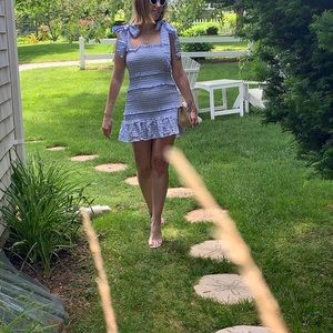 Blue gingham tie shoulder smocked dress